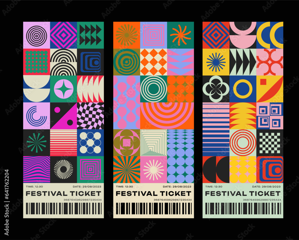 Poster cool abstract geometric tickets template. swiss design colorful pattern. bauhaus shapes background.