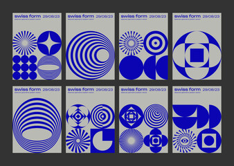 Set Of Swiss Design Inspired Posters Vector Illustration. Cool Geometric Abstract Modernist Placards. Avant-garde Geometrical Illustration. Contemporary Art Bauhaus Shapes.