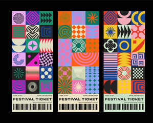 Cool Abstract Geometric Tickets Template. Swiss Design Colorful Pattern. Bauhaus Shapes Background.