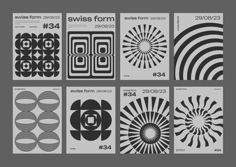 Set Of Swiss Design Inspired Posters Vector Illustration. Cool Geometric Abstract Modernist Placards. Avant-garde Geometrical Illustration. Contemporary Art Bauhaus Shapes.