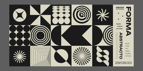 Set Of Swiss Design Inspired Background Vector Illustration. Cool Geometric Abstract Modernist Placard. Avant-garde Geometrical Illustration. Contemporary Art Bauhaus Shapes.
