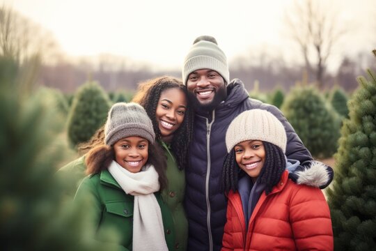 Young happy African American family posing for a photo, dressed in winter clothes.generative ai
