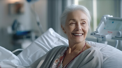 Fototapeta premium Senior female patient lying satisfied smiling at modern hospital patient bed. Excellent service at a for-profit hospital. 
