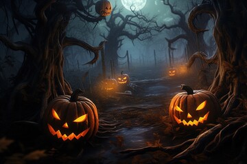 Fototapeta premium Halloween background with scary pumpkins in dark forest.Generative Ai
