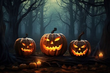 Halloween background with scary pumpkins in dark forest.Generative Ai