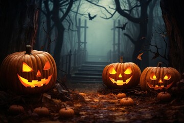 Halloween background with scary pumpkins in dark forest.Generative Ai