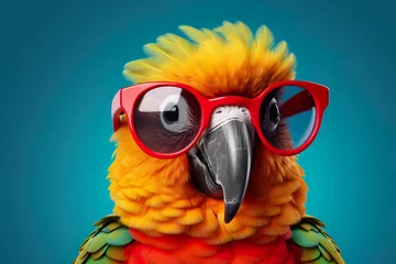 Schilderijen op glas Cool and cute parrot in sunglasses © Jeremy