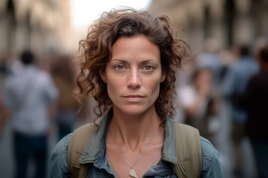 Close-up portrait photography of a tender girl in her 40s wearing a rugged jean vest at the uffizi gallery in florence italy. With generative AI technology