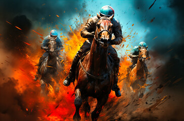 race horse racing with jockeys on horses on dusty track