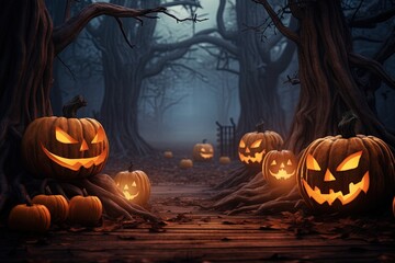 Halloween background with scary pumpkins in dark forest.Generative Ai
