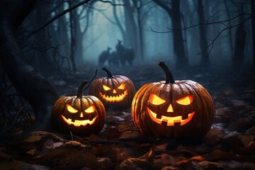 Halloween background with scary pumpkins in dark forest.Generative Ai