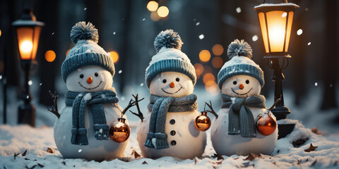 Snowman group in winter forest. Merry snowmen are standing in a snowy meadow. 