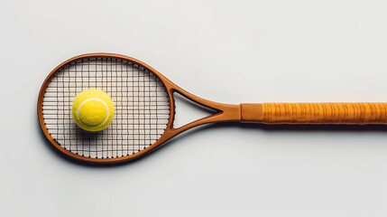 Top view of green Tennis ball and racket isolated on flat surface background with copy space for text. 