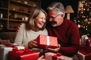 Celebrating Christmas with Joy: Middle-Aged Couple Exchanging Gifts: Concept for Seasonal Togetherness, Mature Love, and Holiday Enjoyment  - Generative AI - 641763450