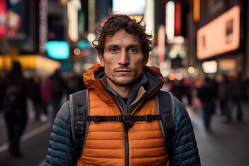 Medium shot portrait photography of a glad boy in his 30s wearing a lightweight running vest at the times square in new york usa. With generative AI technology