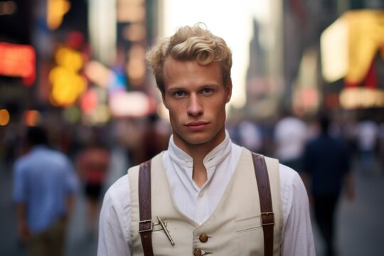 Medium shot portrait photography of a glad boy in his 30s wearing an elegant corset at the times square in new york usa. With generative AI technology