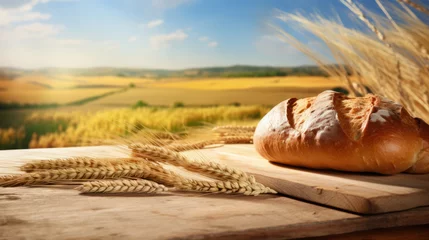 Fotobehang Bakkerij Freshly baked bread on the table with elements of grain against the background of a sunny day field, bread or bakery advertisement.generative ai 