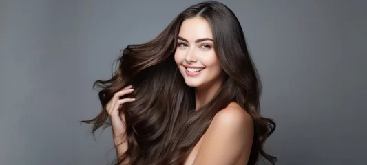 Afwasbaar Fotobehang Schoonheidssalon Model girl with shiny brown smooth healthy hair with long straight and glowing, skin natural beauty smooth skin for Care and hair products