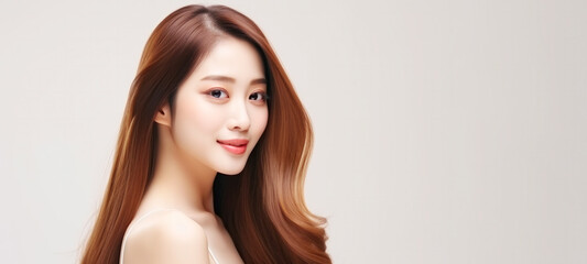 Naklejka premium Model girl with shiny brown smooth healthy hair with long straight and glowing, skin natural beauty smooth skin for Care and hair products