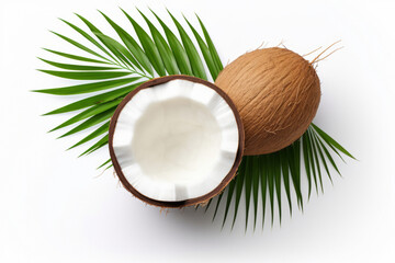 Fresh coconut whole and cut in half with palm leaf isolated on white background, top view.generative ai
 - obrazy, fototapety, plakaty