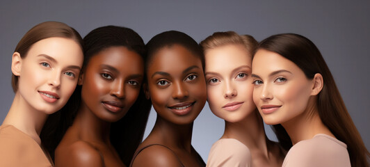 Portrait of diverse group of beautiful women with natural beauty and glowing smooth skin.