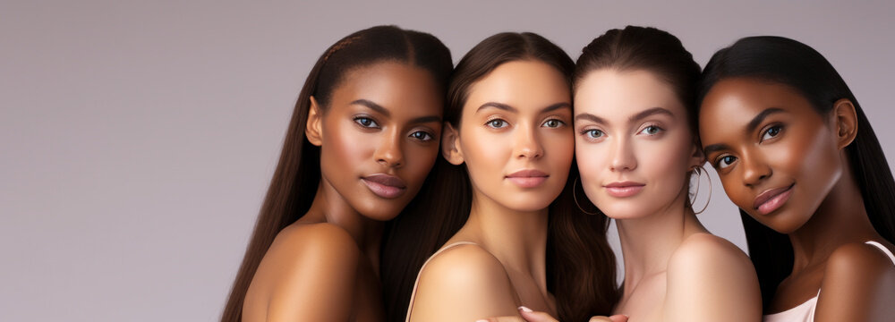 Portrait of diverse group of beautiful women with natural beauty and glowing smooth skin