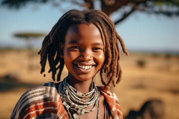 Medium shot portrait photography of a happy girl in his 30s wearing a sparkling brooch at the serengeti national park tanzania. With generative AI technology - obrazy, fototapety, plakaty