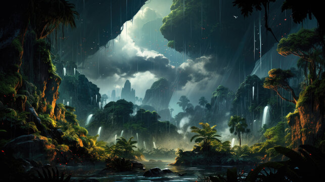 a prehistoric jungle in the rain