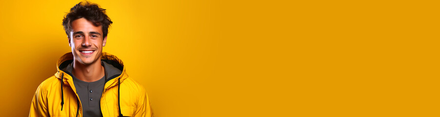 Fototapeta premium Portrait of cheerful happy welcoming delivery guy loader, smiling, wearing yellow jacket. Man isolated on orange studio background. Empty space place for text of advertisement, copy paste, horizontal
