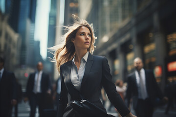 Fototapeta premium A business woman walking through the city center in a financial district. Female leadership concept