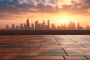 empty brick floor with cityscape and skyline of shanghai at sunset