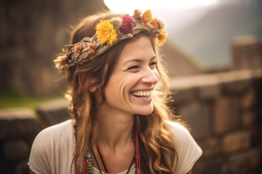 Lifestyle portrait photography of a joyful girl in her 40s wearing a sparkling tiara at the machu picchu in cusco region peru. With generative AI technology