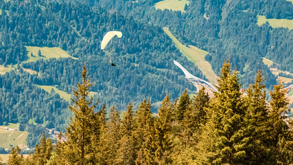 Alpine summer view with a paraglider and the olympic ski jump facilities at Mount Wank,...