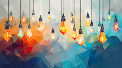abstract light bulbs on light grey background, in the style of colorful cubist