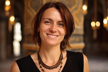 Obraz premium Close-up portrait photography of a happy girl in her 40s wearing a dramatic choker necklace at the hagia sophia in istanbul turkey. With generative AI technology