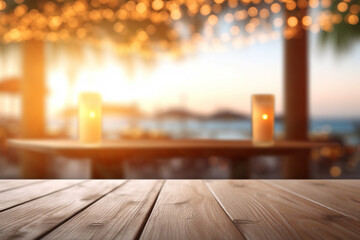 Empty wooden table and blurred background with bokeh, product display montage