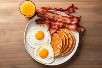 Breakfast or American breakfast with fried eggs, bacon, juice and pancakes on a white plate.generative ai
