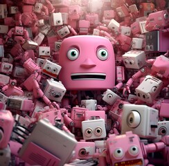 cute android robots, pink color, robot army, digital intelligence, artificial intelligence concept