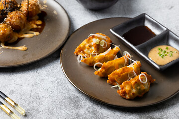 Gyoza or dumplings snack. Japanese dumplings Gyoza with chicken and vegetables