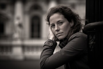 Photography in the style of pensive portraiture of a tender girl in her 40s wearing a rugged jean...
