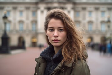 Fototapeta premium Photography in the style of pensive portraiture of a tender girl in her 40s wearing a rugged jean vest at the buckingham palace in london england. With generative AI technology