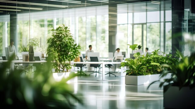 A contemporary, ecofriendly office space. White interior design. The workspace is welllit with natural light, showcasing sleek furniture and green plants for a refreshing, productive environment.