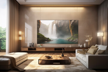 A waterfall scene projected on a big TV screen of a flat screen LCD attached to the wall in modern living room. Lifestyle concept for family and holidays.