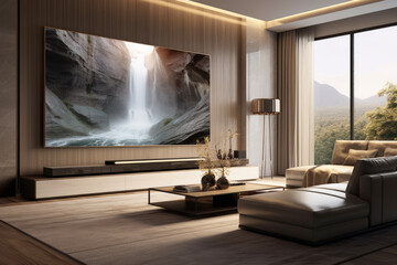 A waterfall scene projected on a big TV screen of a flat screen LCD attached to the wall in modern living room. Lifestyle concept for family and holidays. - obrazy, fototapety, plakaty