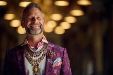 Medium shot portrait photography of a grinning mature man wearing a stunning statement necklace at the buckingham palace in london england. With generative AI technology - obrazy, fototapety, plakaty