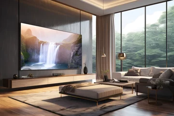  A waterfall scene projected on a big TV screen of a flat screen LCD attached to the wall in modern living room. Lifestyle concept for family and holidays. © cwa