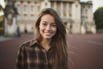 Environmental portrait photography of a blissful girl in her 20s wearing a comfy flannel shirt at the buckingham palace in london england. With generative AI technology - obrazy, fototapety, plakaty