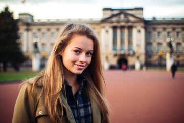 Fototapeta na wymiar Environmental portrait photography of a blissful girl in her 20s wearing a comfy flannel shirt at the buckingham palace in london england. With generative AI technology