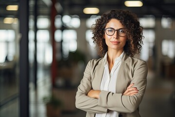 Fototapeta premium business cheerful successful woman in formal suit standing confident smile look at cemera in modern interior office business professional career work ocupation