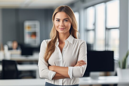 business cheerful successful woman in formal suit standing confident smile look at cemera in modern interior office business professional career work ocupation